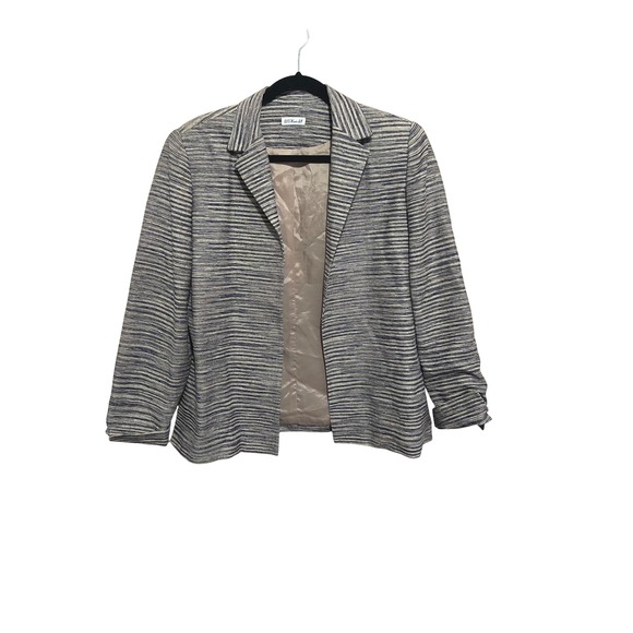 Ann May Women's Woven Silk Blazer Striped Beige Career Office Casual Lined M - Picture 2 of 9